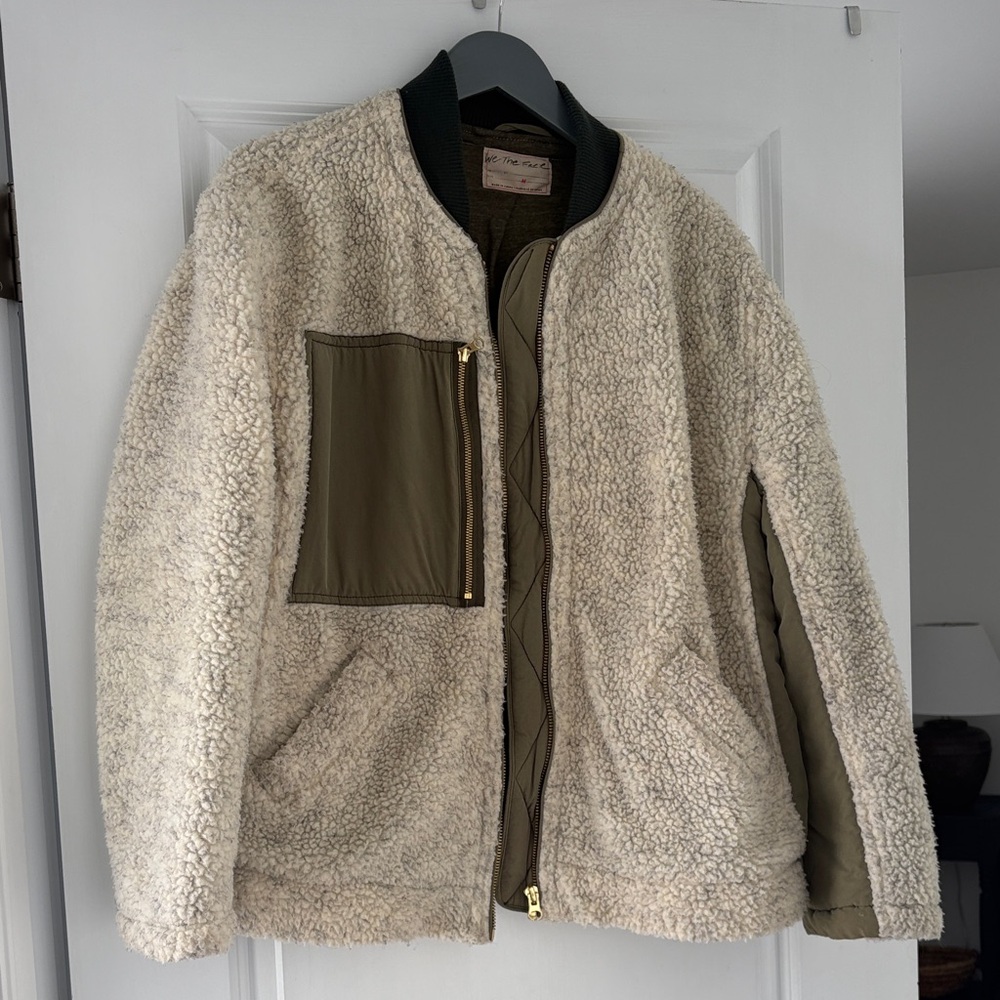 Free People We The Free Cream Sherpa Jacket with Olive Accents